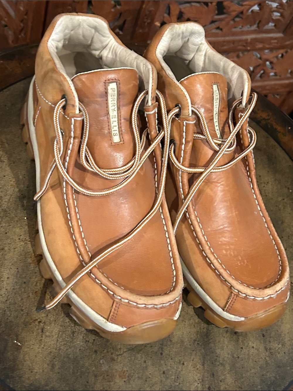 Perry Ellis Tan Leather Moc Toe Boat Shoes